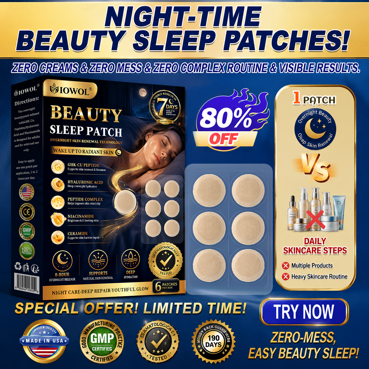 IOWOL® NIGHT-TIME BEAUTY SLEEP PATCHES! ZERO CREAMS & ZERO MESS & ZERO COMPLEX ROUTINE & VISIBLE RESULTS.